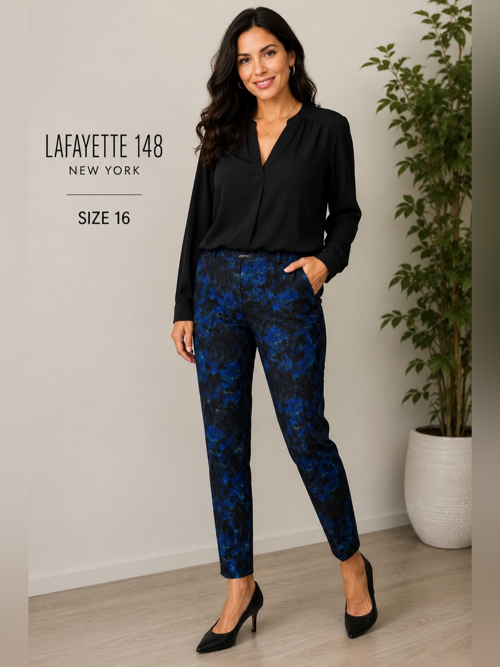 Lafayette 148 New York Blue Black Floral Slim Ankle stretch cottagecore pants/16
